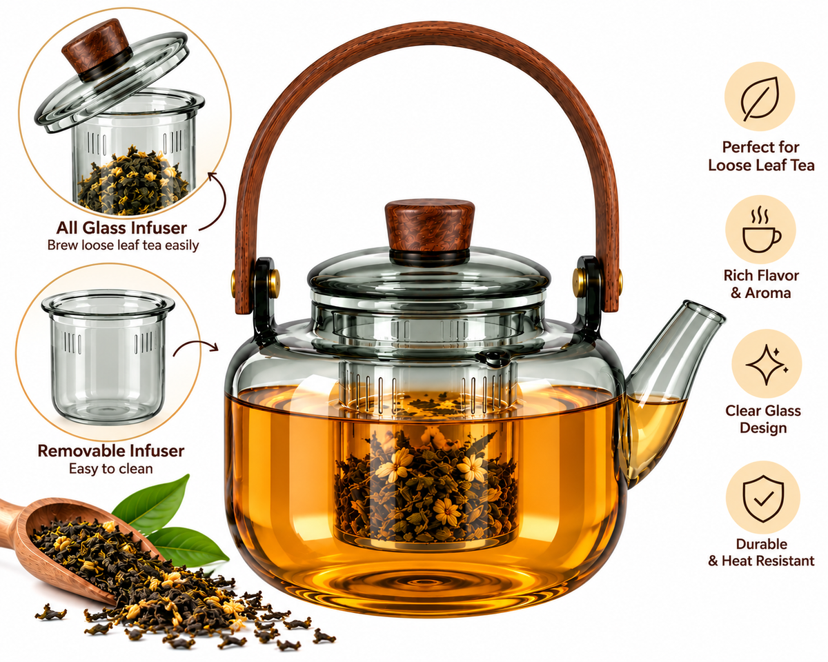 Smoky Glass Teapot with Wooden Handle & Removable Glass Infuser -1L