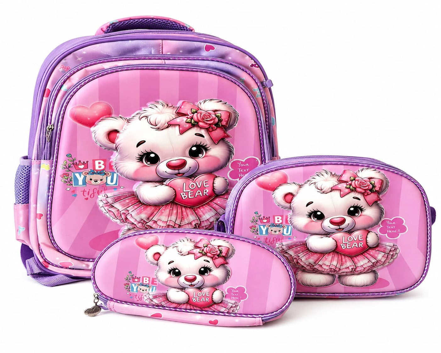 Girls 3-Piece Teddy Bear School Bag Set