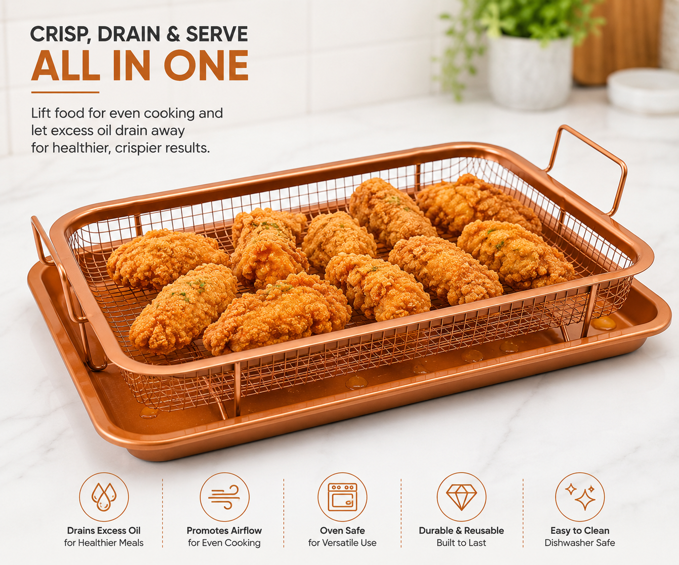 Copper Wire Air Fryer Basket with Drip Tray