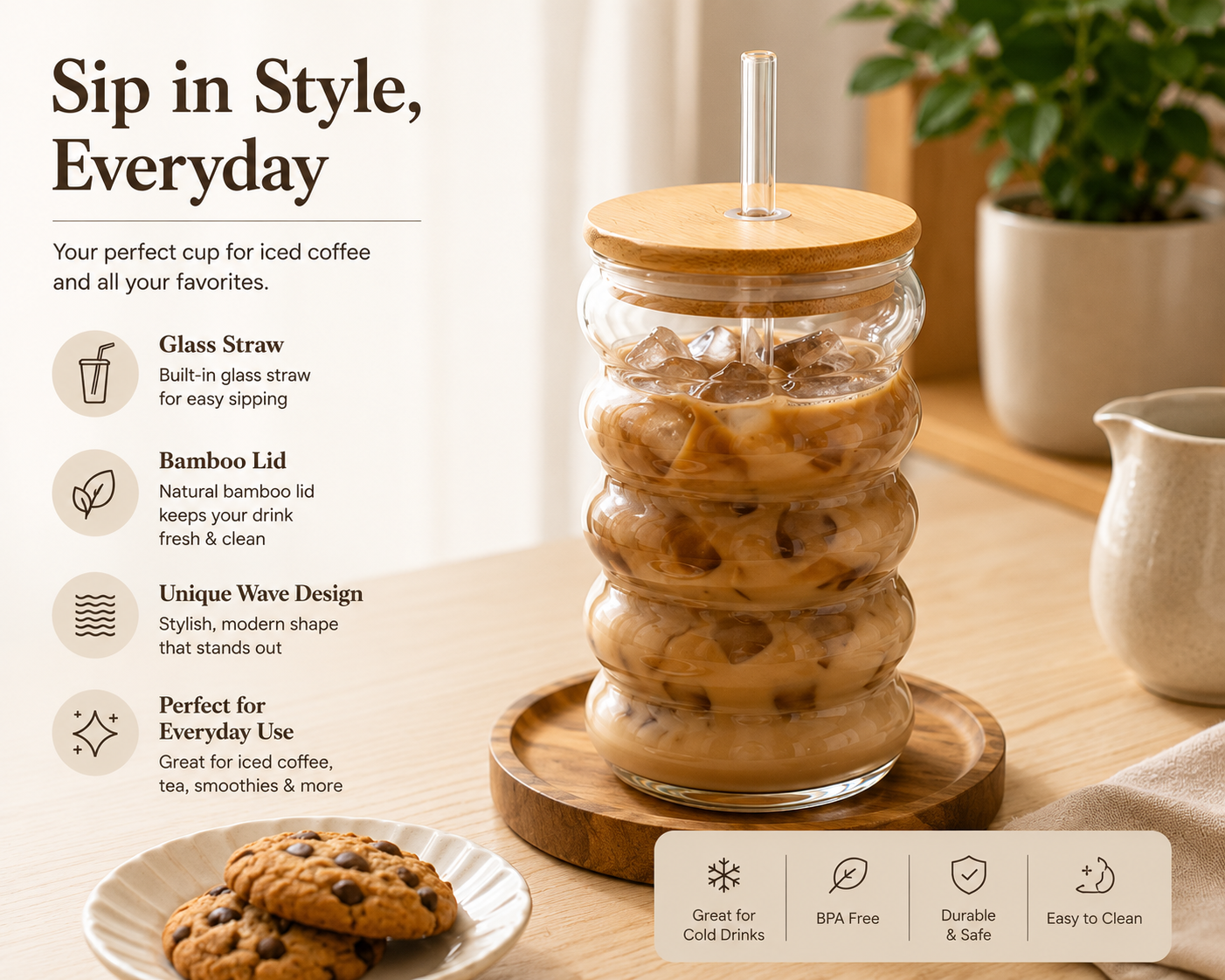 Glass Iced Coffee Cup with Bamboo Lid & Straw