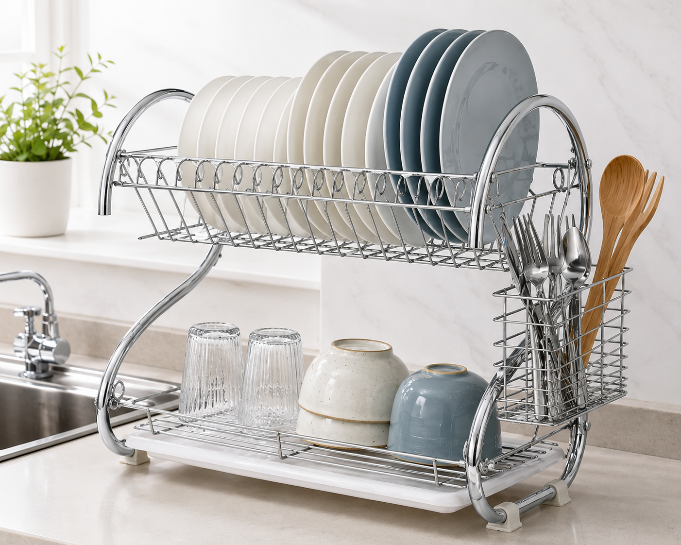 2-Tier Stainless Steel Dish Drying Rack -55cm