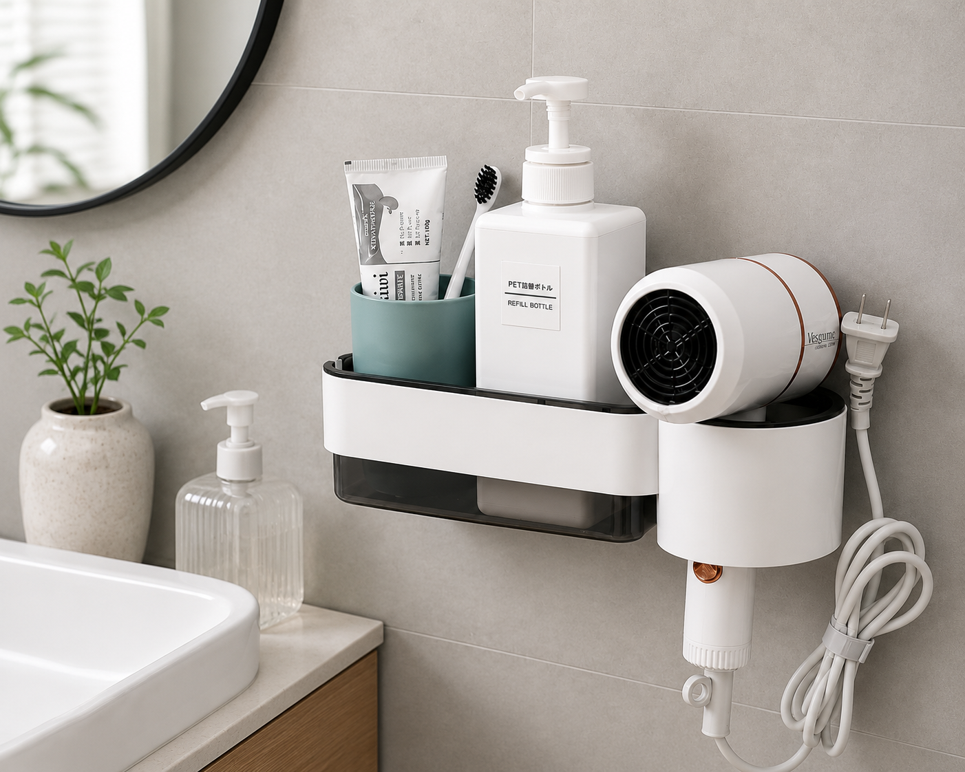 Wall-Mounted Bathroom Organizer Shelf with Hair Dryer Holder