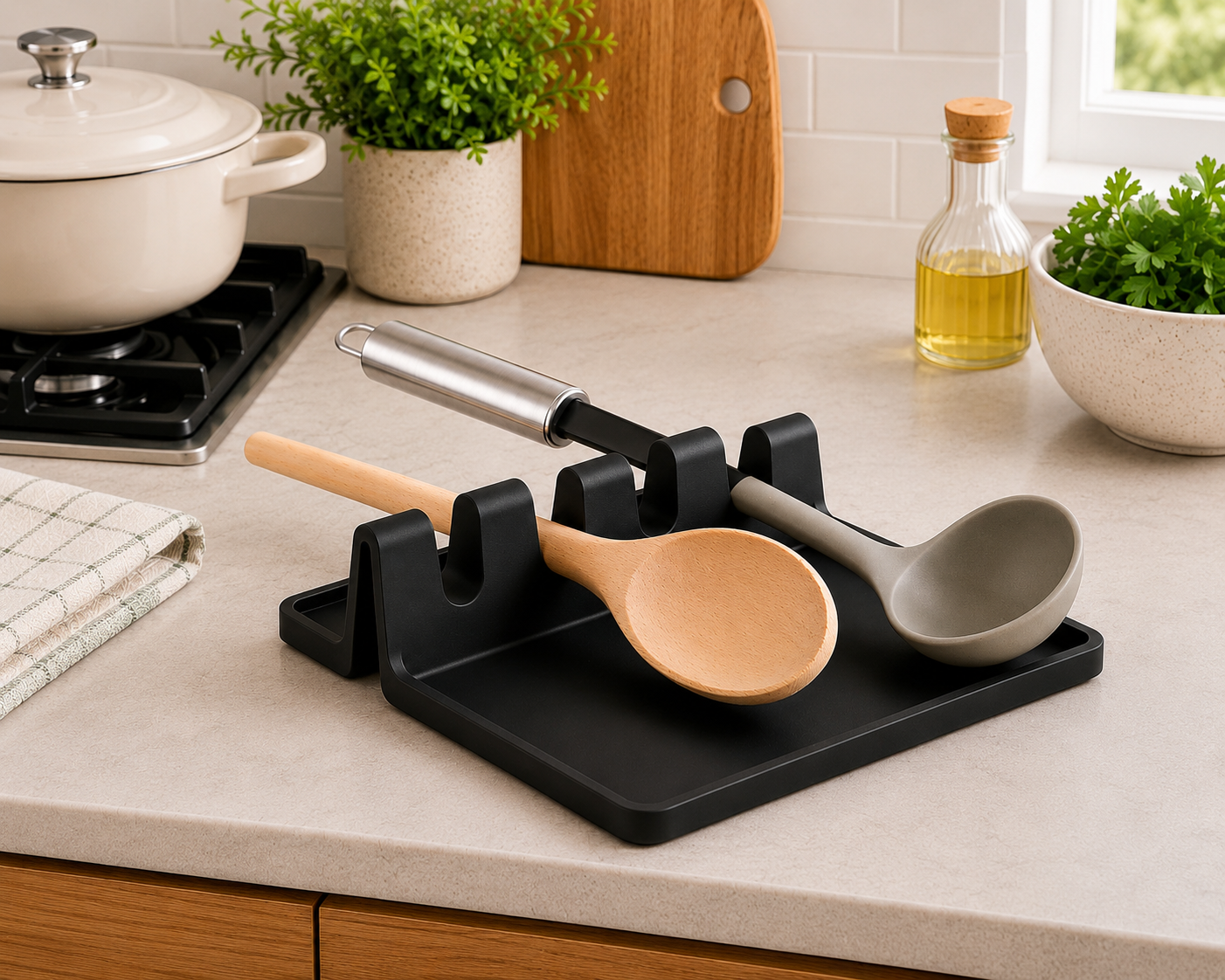4-Slot Kitchen Utensil Rest with Drip Tray