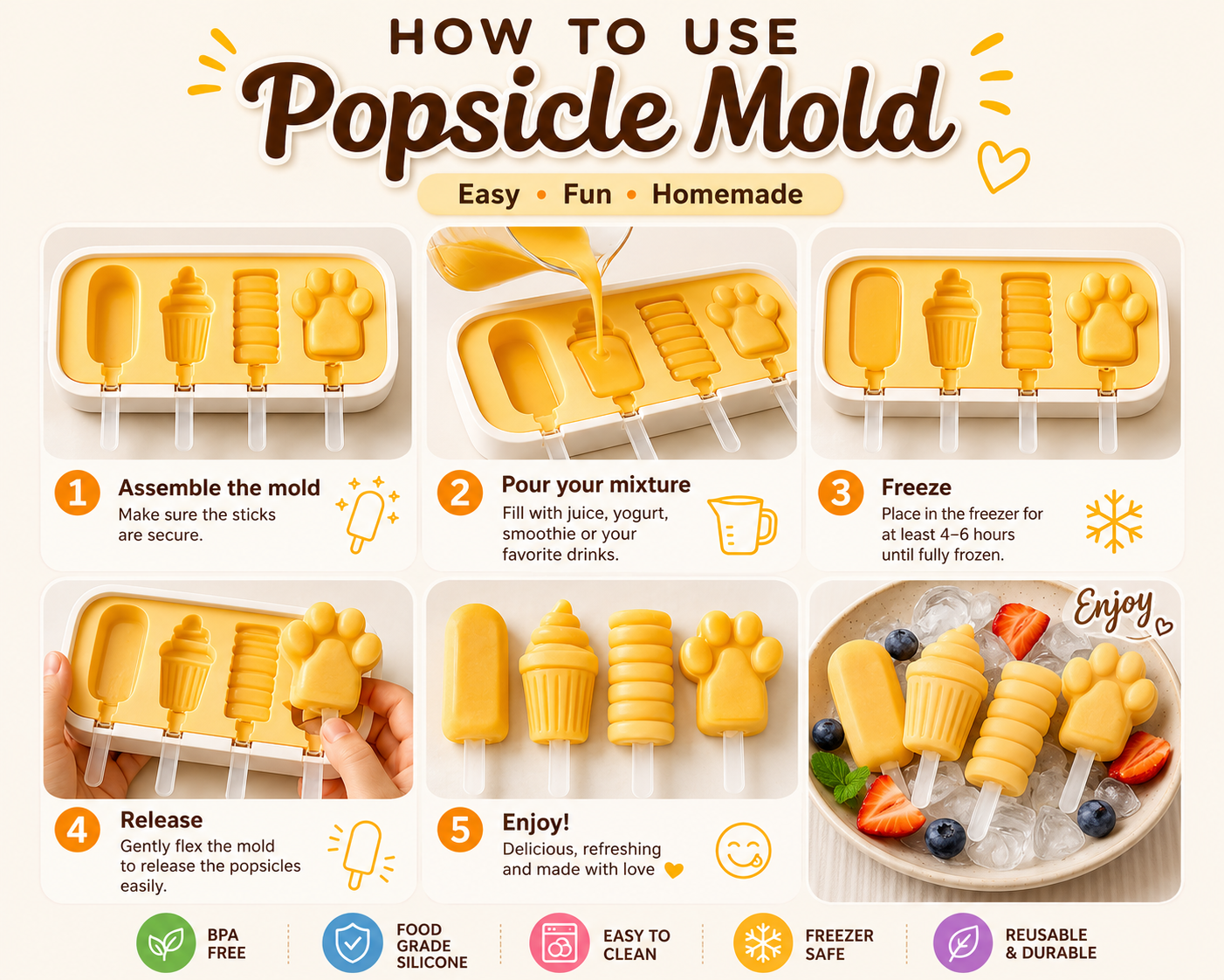 Silicone Popsicle Mold with Reusable Sticks