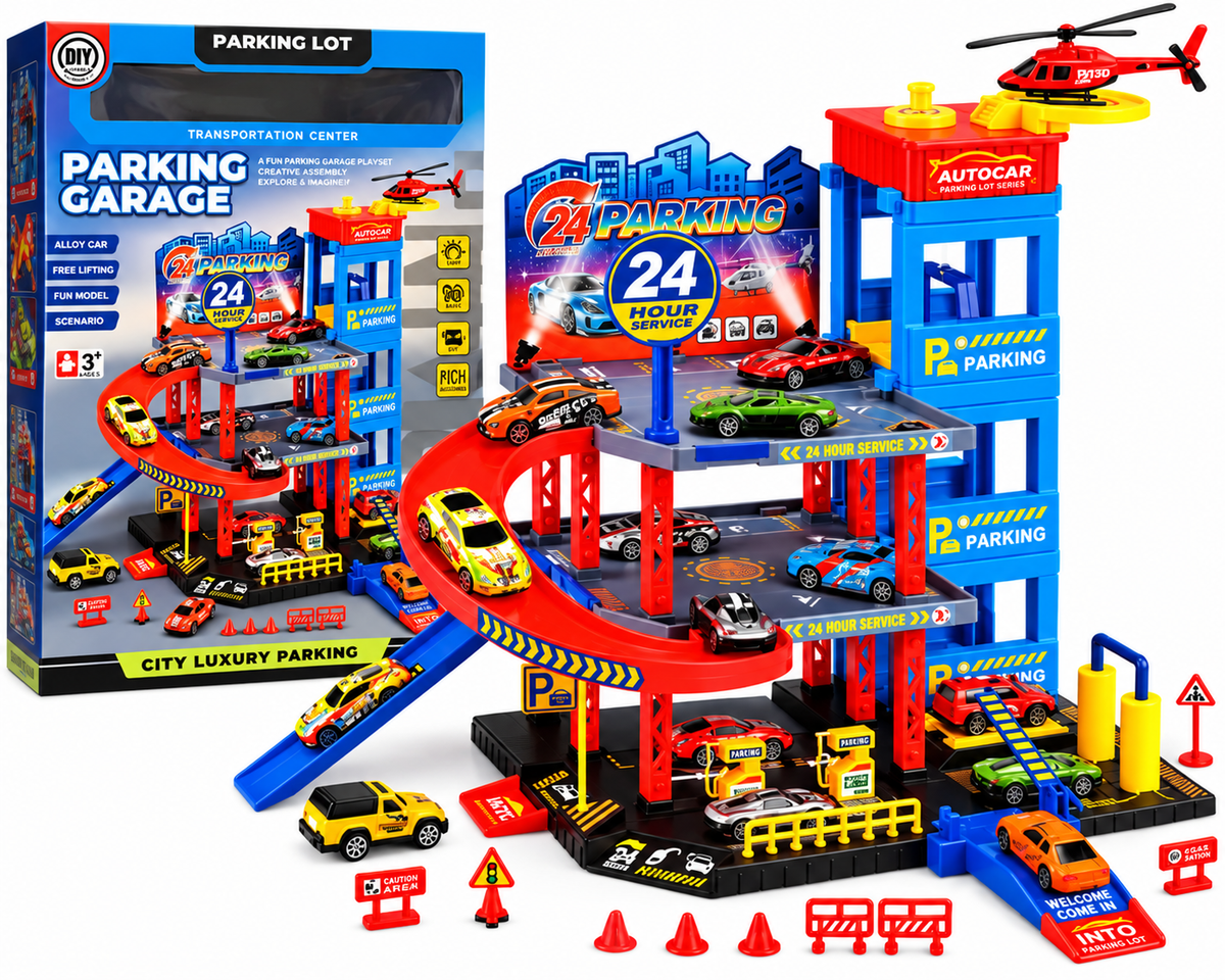 Kids 24-Hour Parking Garage Toy Set – Multi-Level Car Playset with Cars & Helicopter