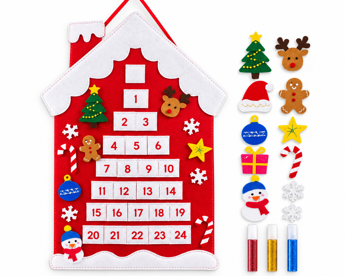 Fabric Christmas Advent Calendar with Removable Felt Decorations – 24-Day Countdown Calendar
