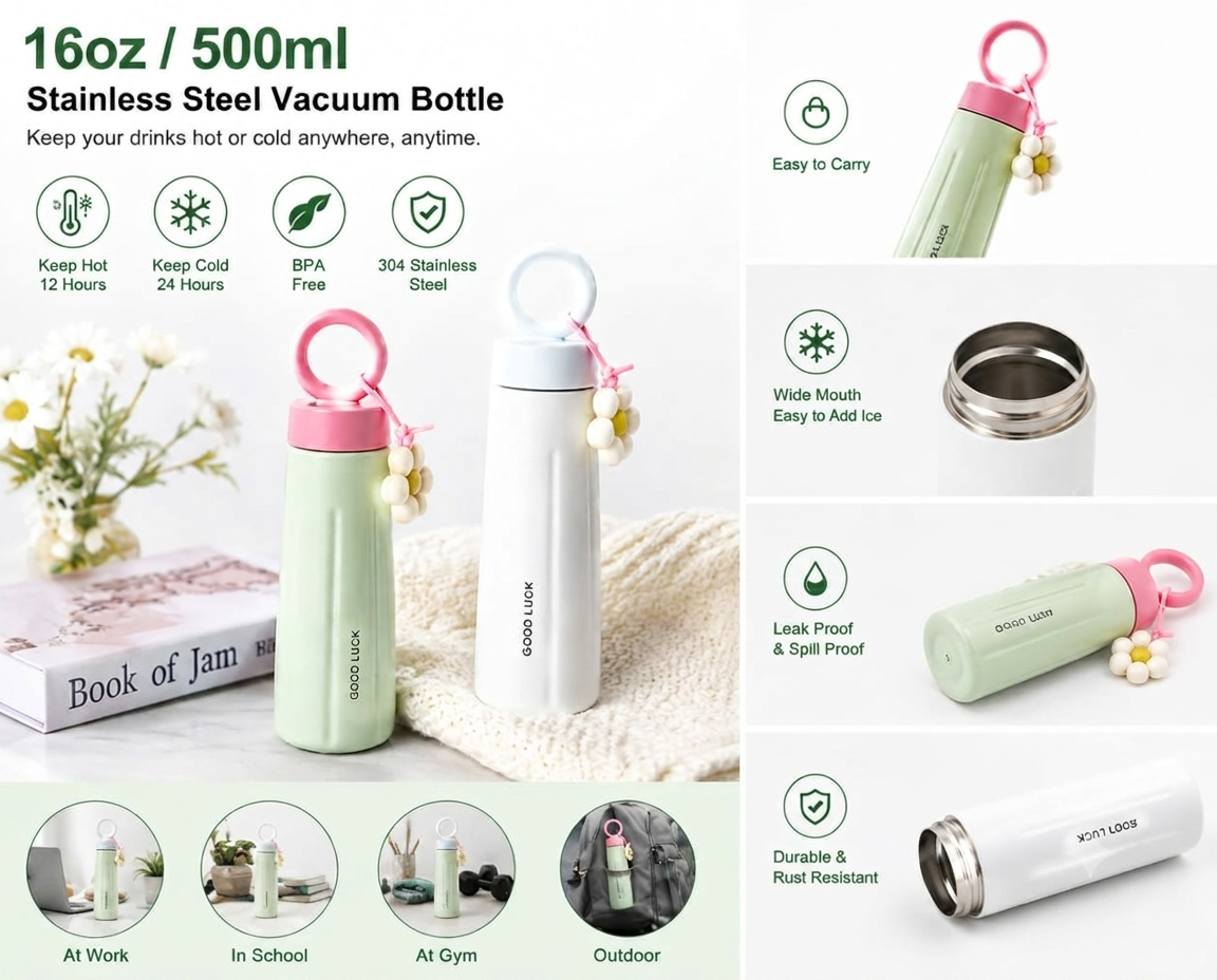 304 Stainless Steel Water Bottle (500ml) with Carrying Loop