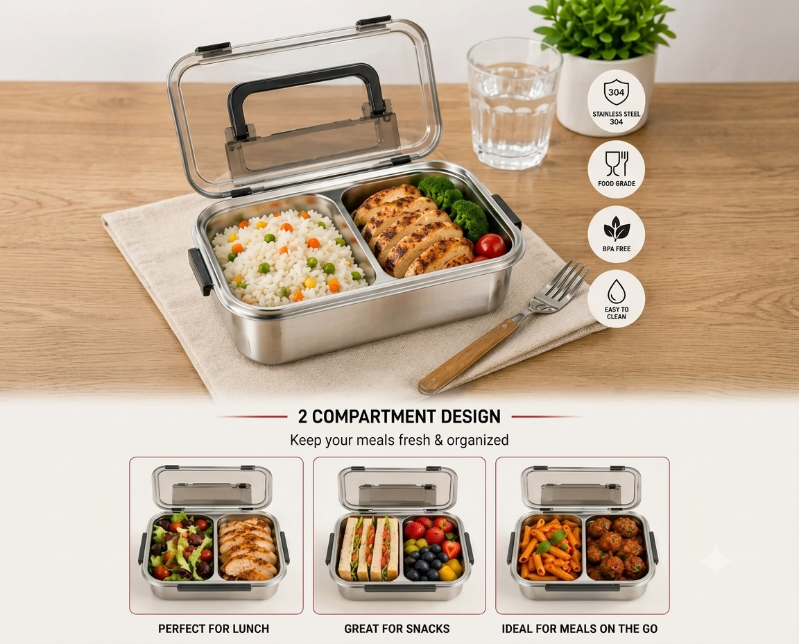 1800ml Dual Compartment Stainless Steel Lunch Box
