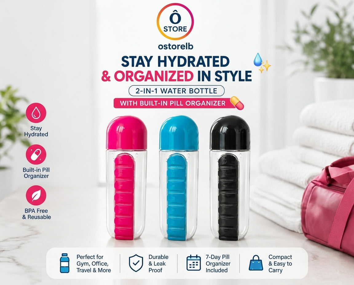 600ml Water Bottle with Removable 7-Day Pill Case for Travel & Gym