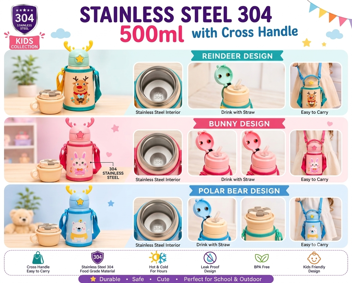 Stainless Steel Kids Water Bottle 500ml – Straw, Cup & Carrying Strap