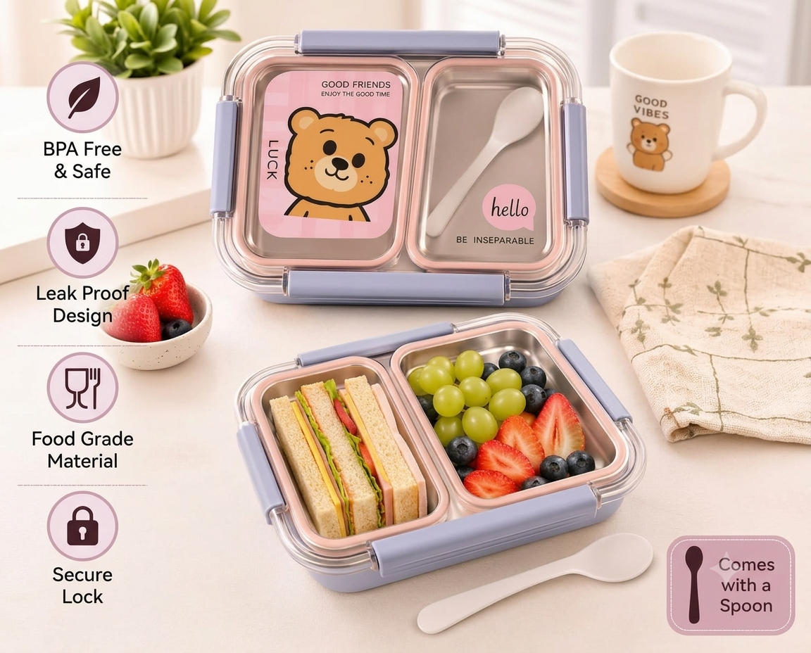 Stainless Steel Cute Teddy Bear Lunch Box with Spoon