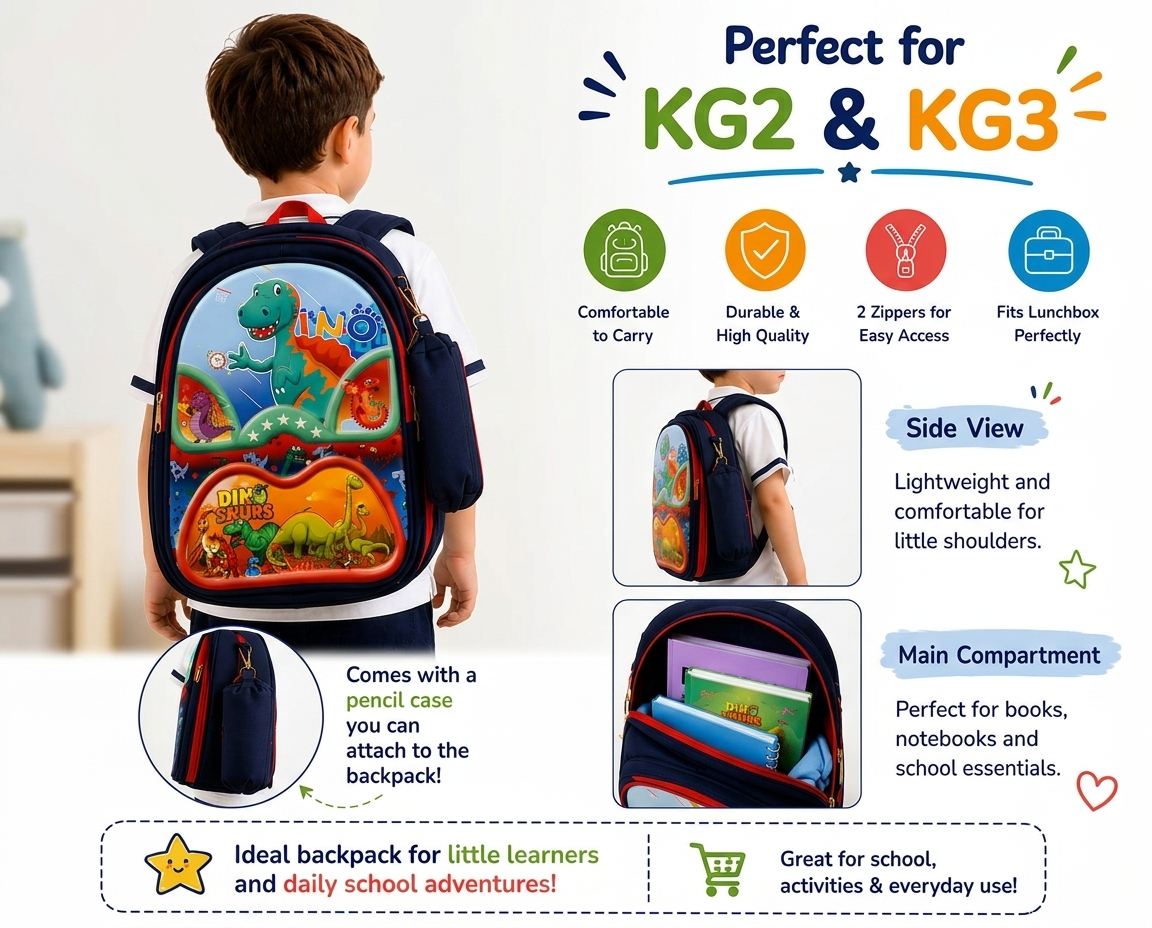 Dinosaur School bag with Pencil Case – KG2 & KG3