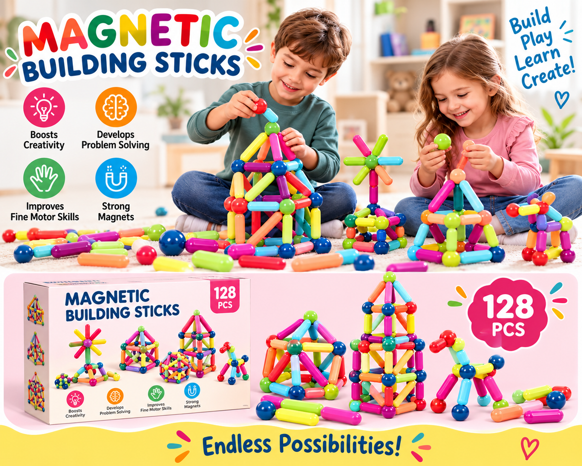 128-Piece Magnetic Building Sticks Set for Kids – Creative Construction Toy