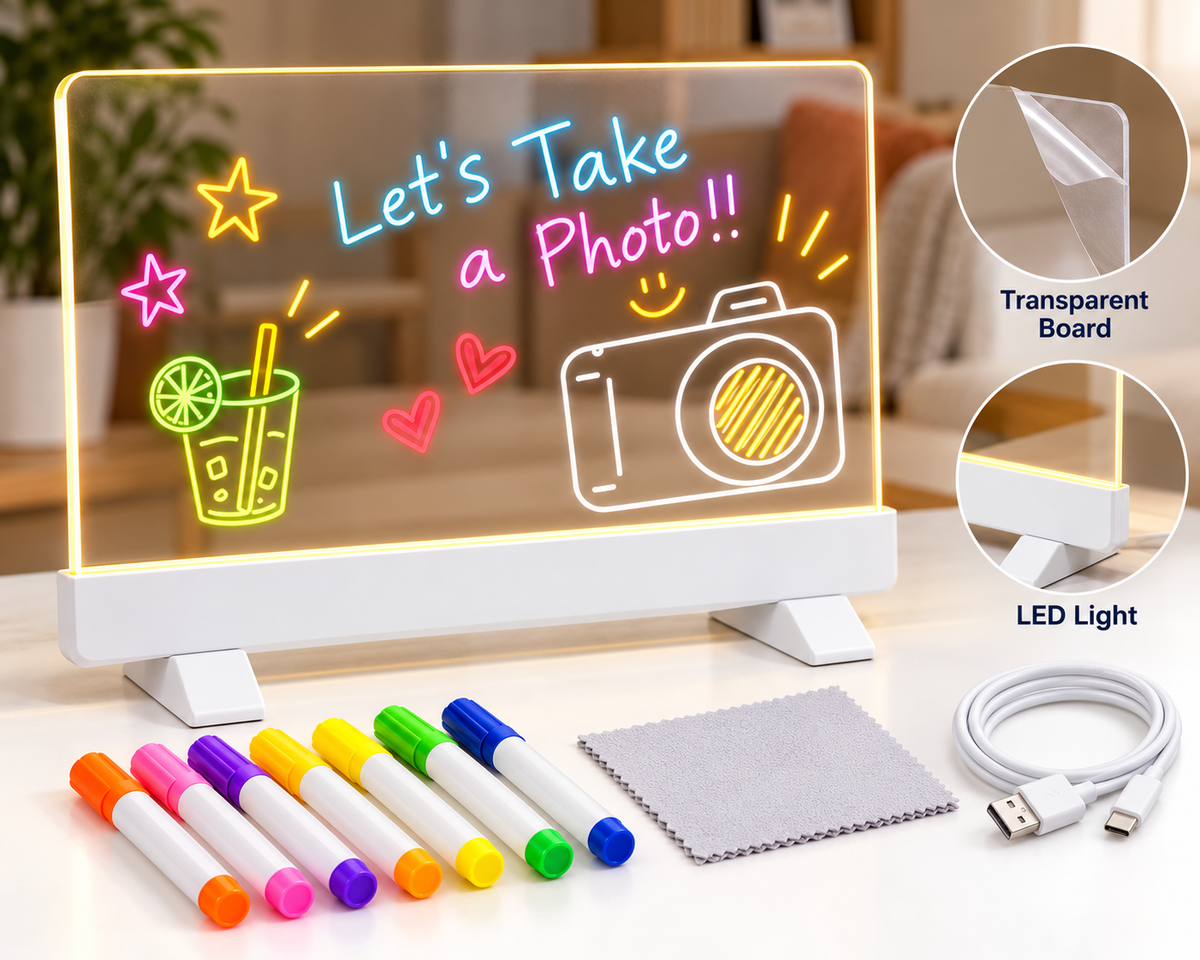 LED Acrylic Drawing Board with Colorful Neon Markers and USB Light Base