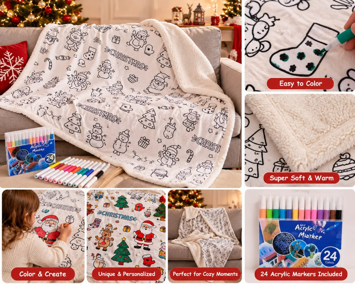 Christmas Color Your Own Blanket – DIY Coloring Blanket with 24 Acrylic Markers