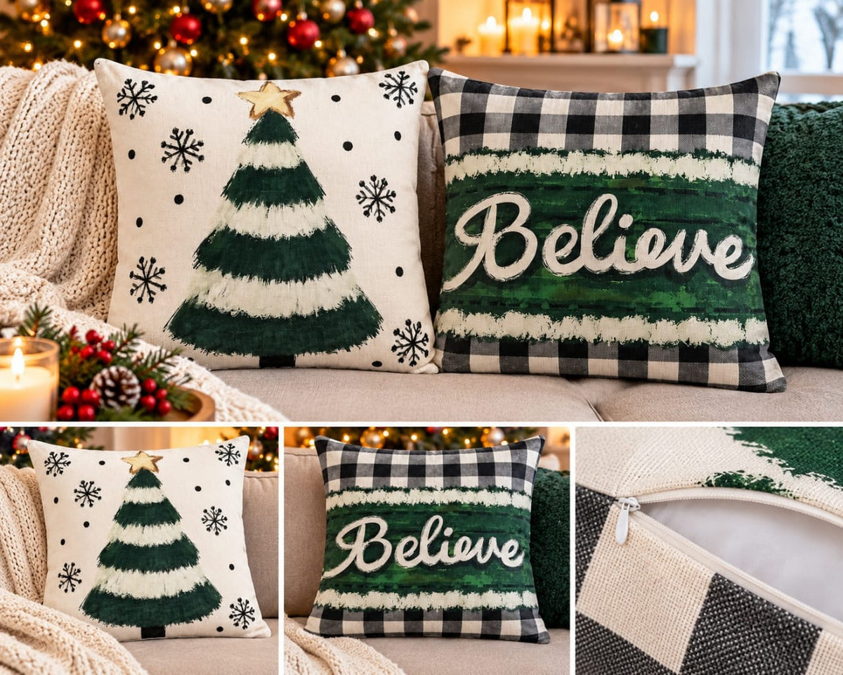 Christmas Pillow Covers – Christmas Tree & Believe Cushion Covers - Set of 2
