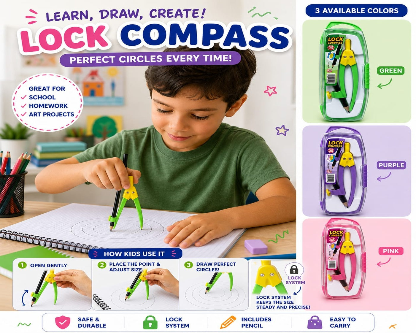 Geometry Set with Compass, Ruler & Protractor