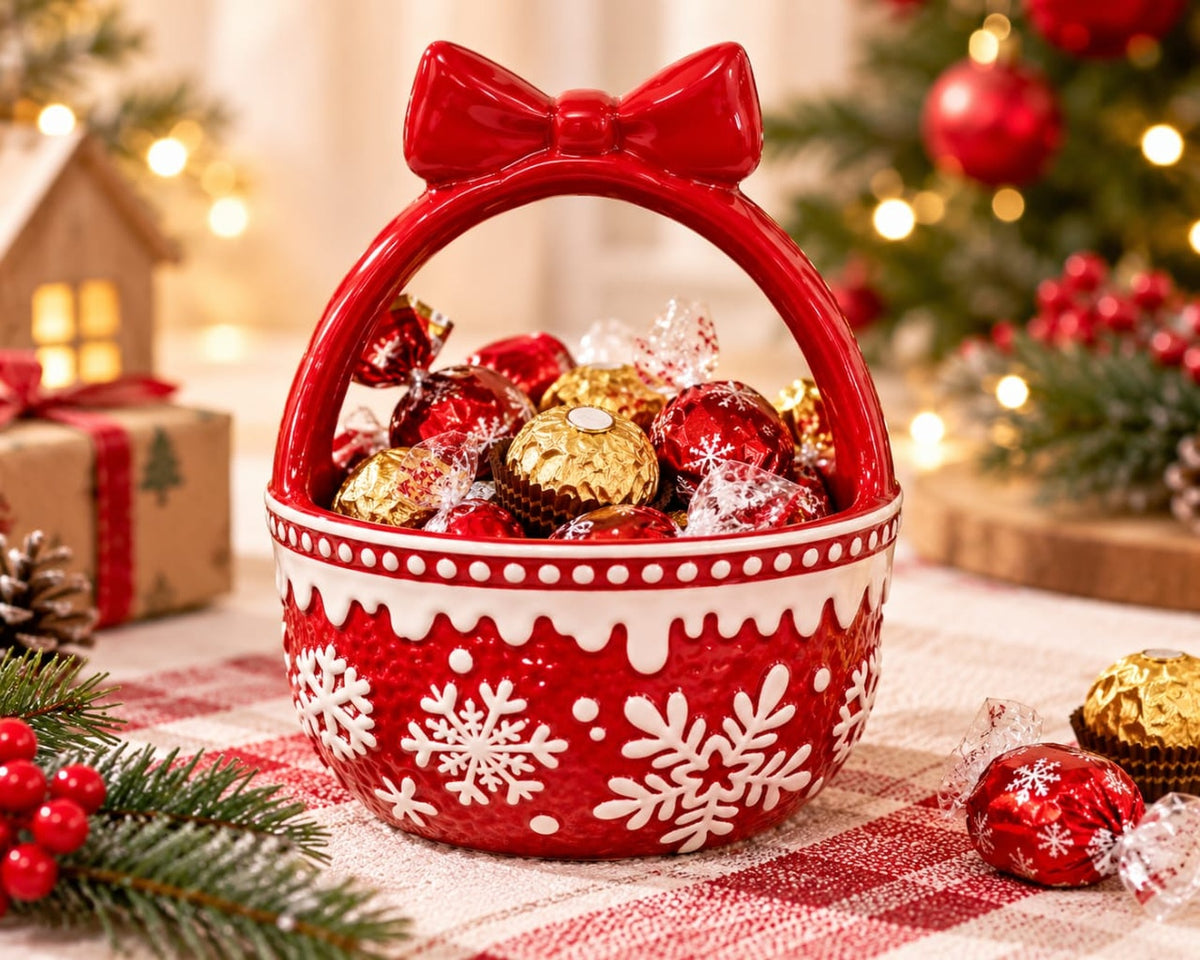 Christmas Candy Basket with Handle – Red and White Snowflake Treat Bowl