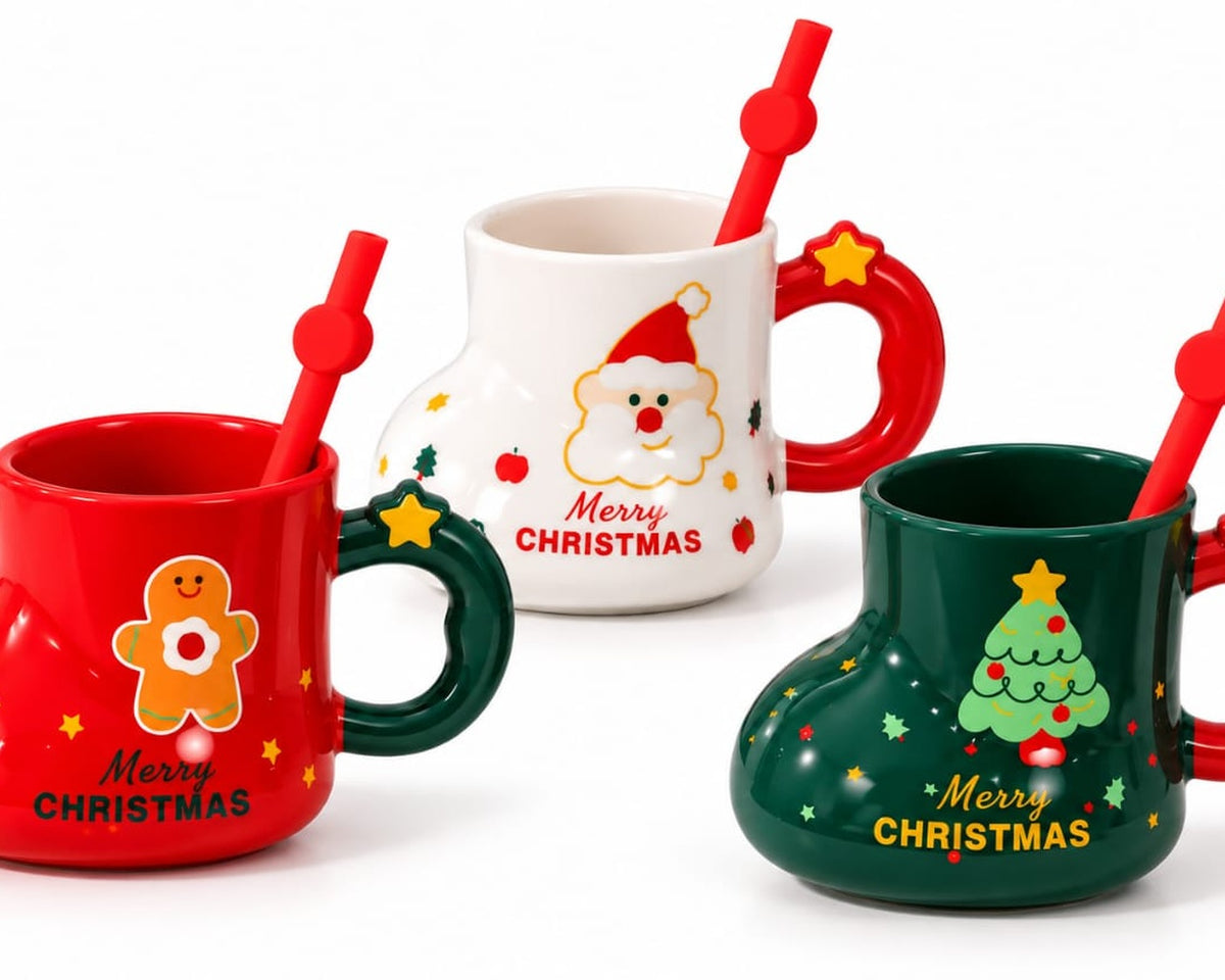 Christmas Ceramic Mug with Straw-Santa