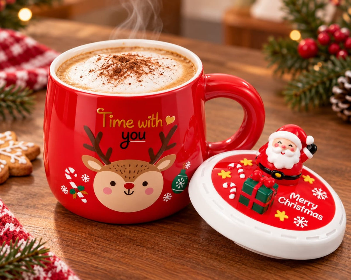 Christmas Reindeer Ceramic Mug with Santa Lid
