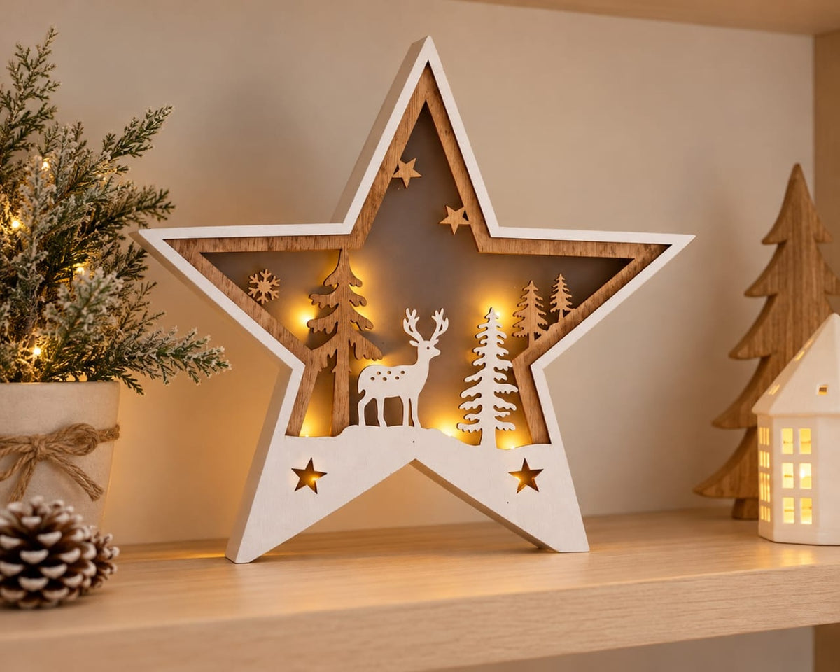 Christmas Wooden Star Decor with LED Lights 26 x 26 cm