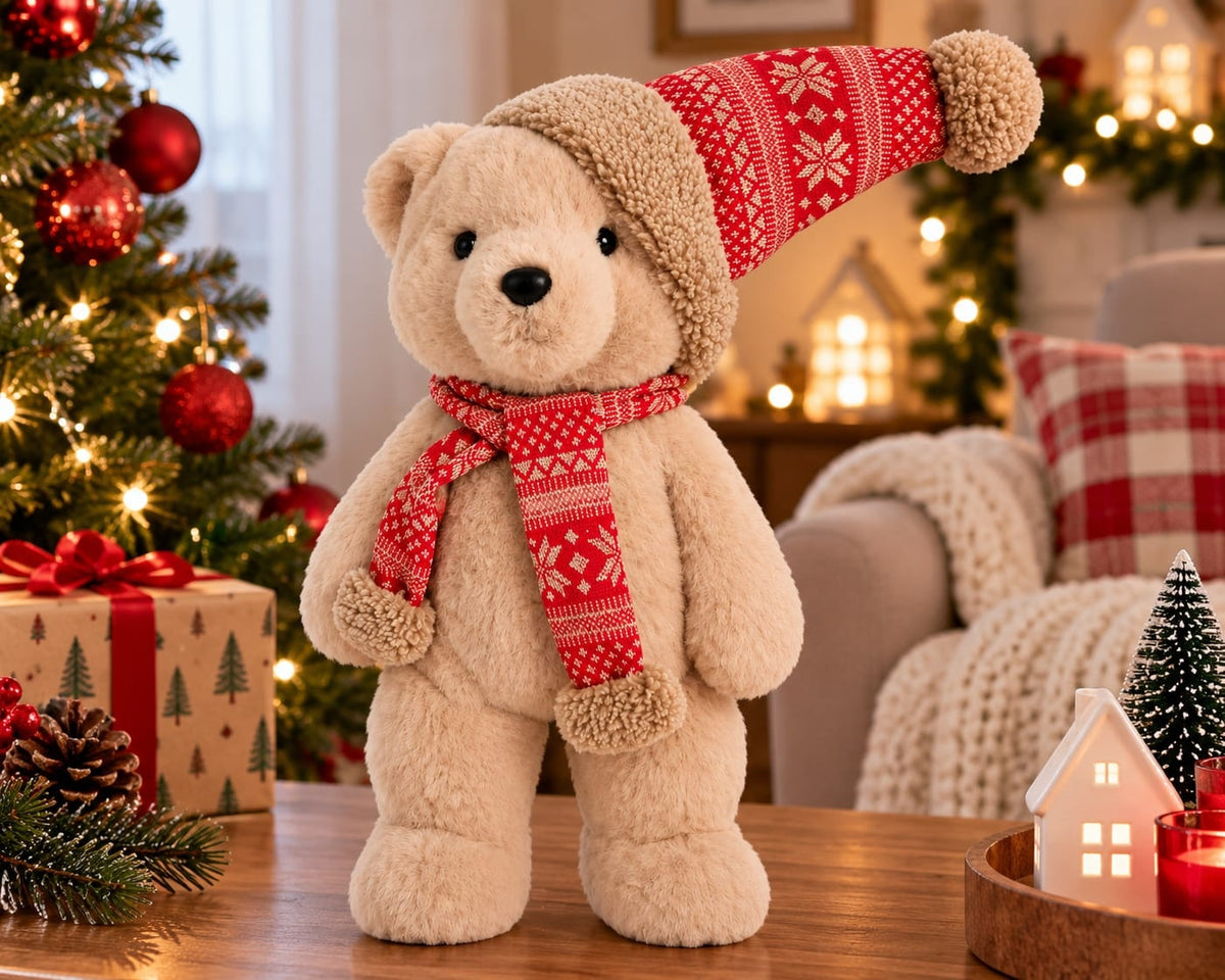 Christmas Teddy Bear with Santa Hat and Scarf – Size: 35 cm