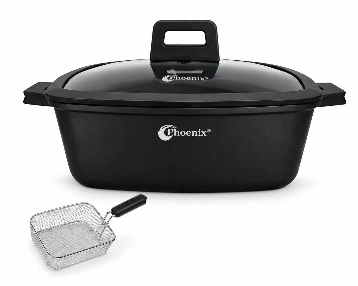 28cm Cast Aluminum Casserole with Glass Lid & Frying Basket - Black