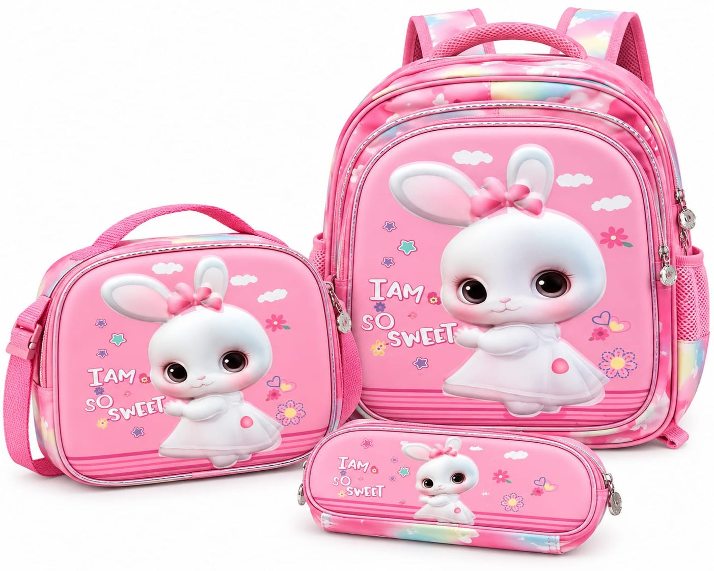 Girls’ Pink Bunny with Matching Lunch Bag & Pencil Case (36 cm)