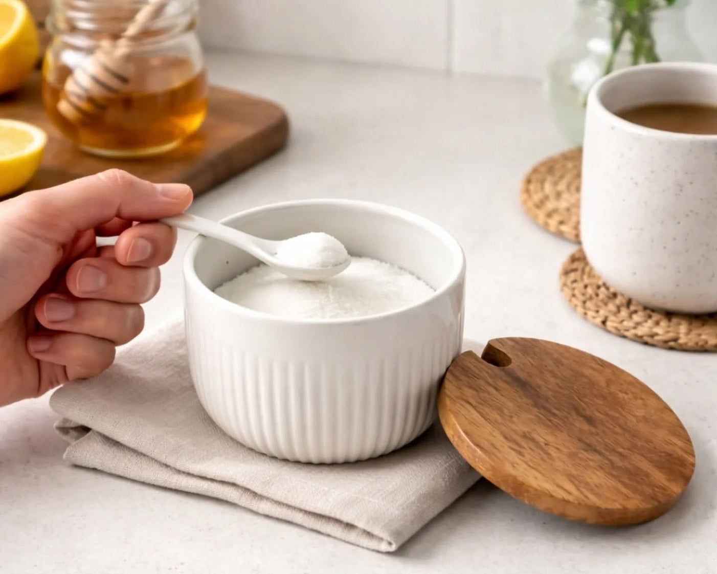 Sugar Pot with Spoon and wood cover