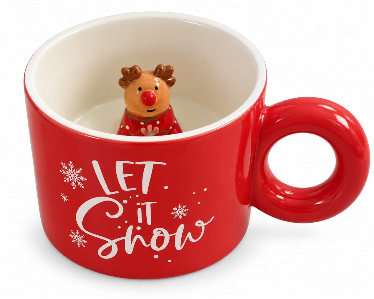 Red Christmas Mug with 3D Reindeer Figurine Inside