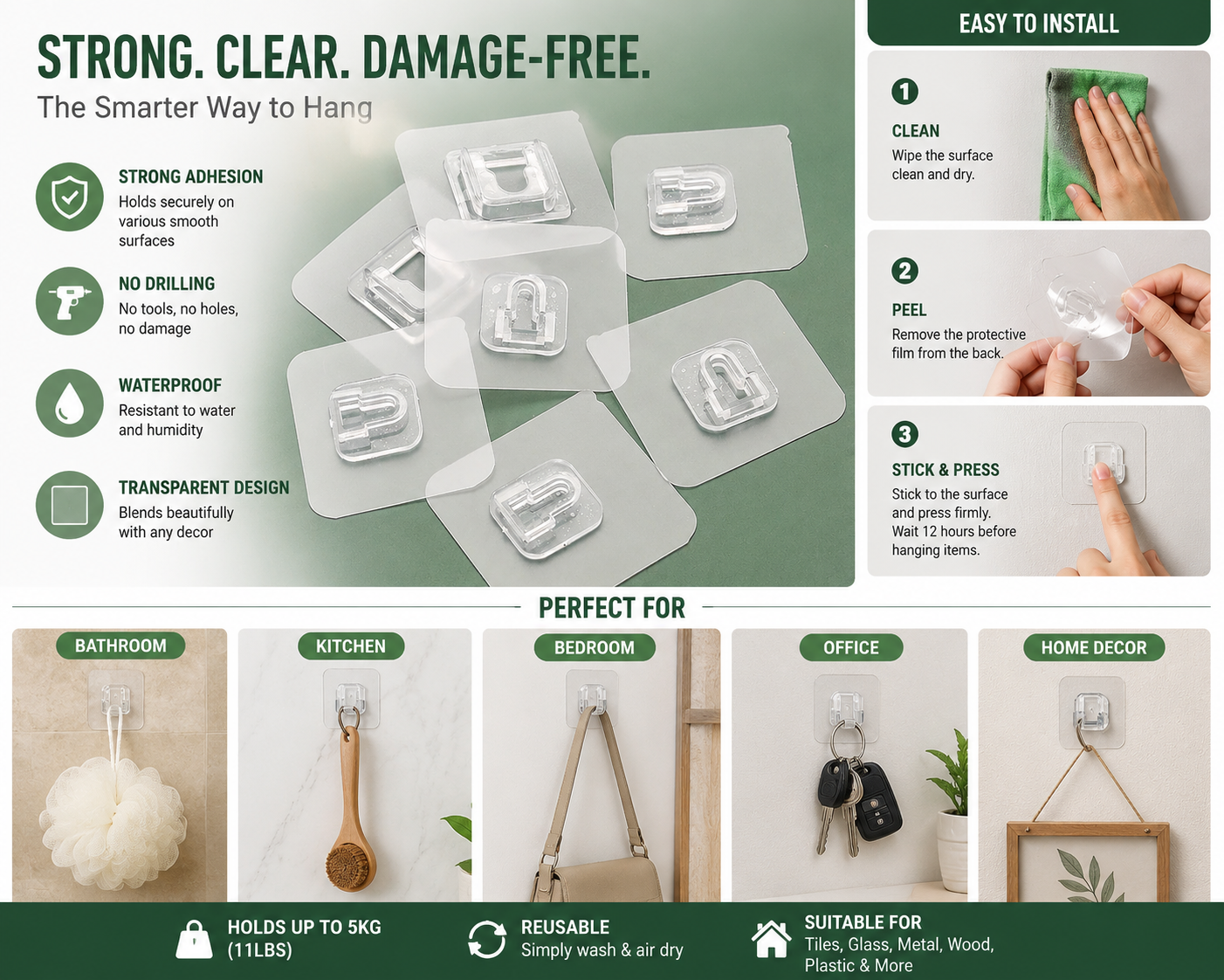 Adhesive Wall Hook No Drill