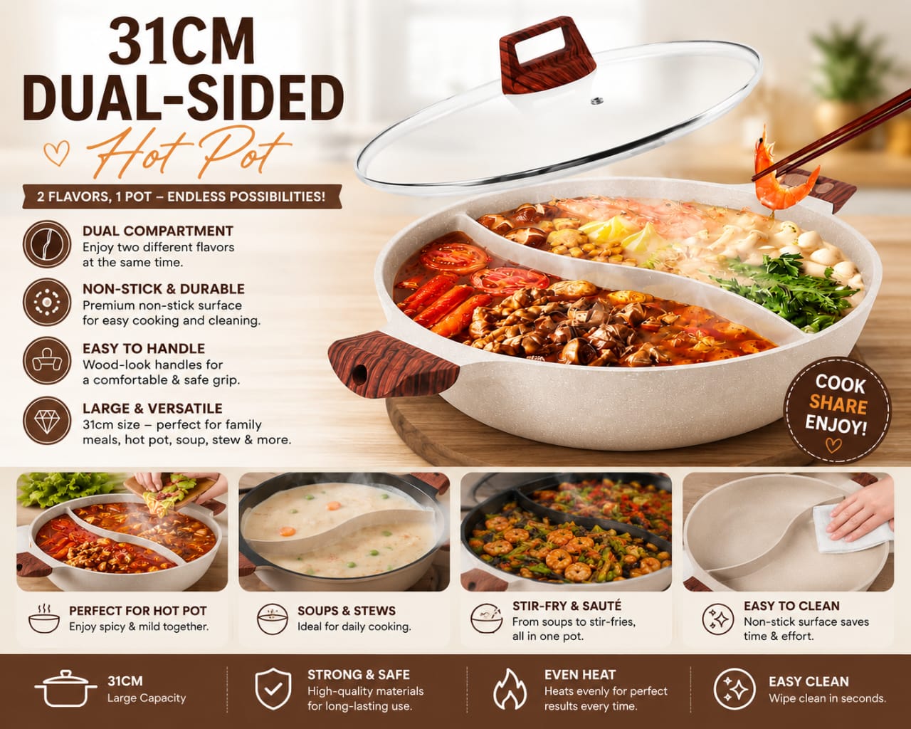 31CM Dual-Sided Non-Stick Hot Pot with Divider