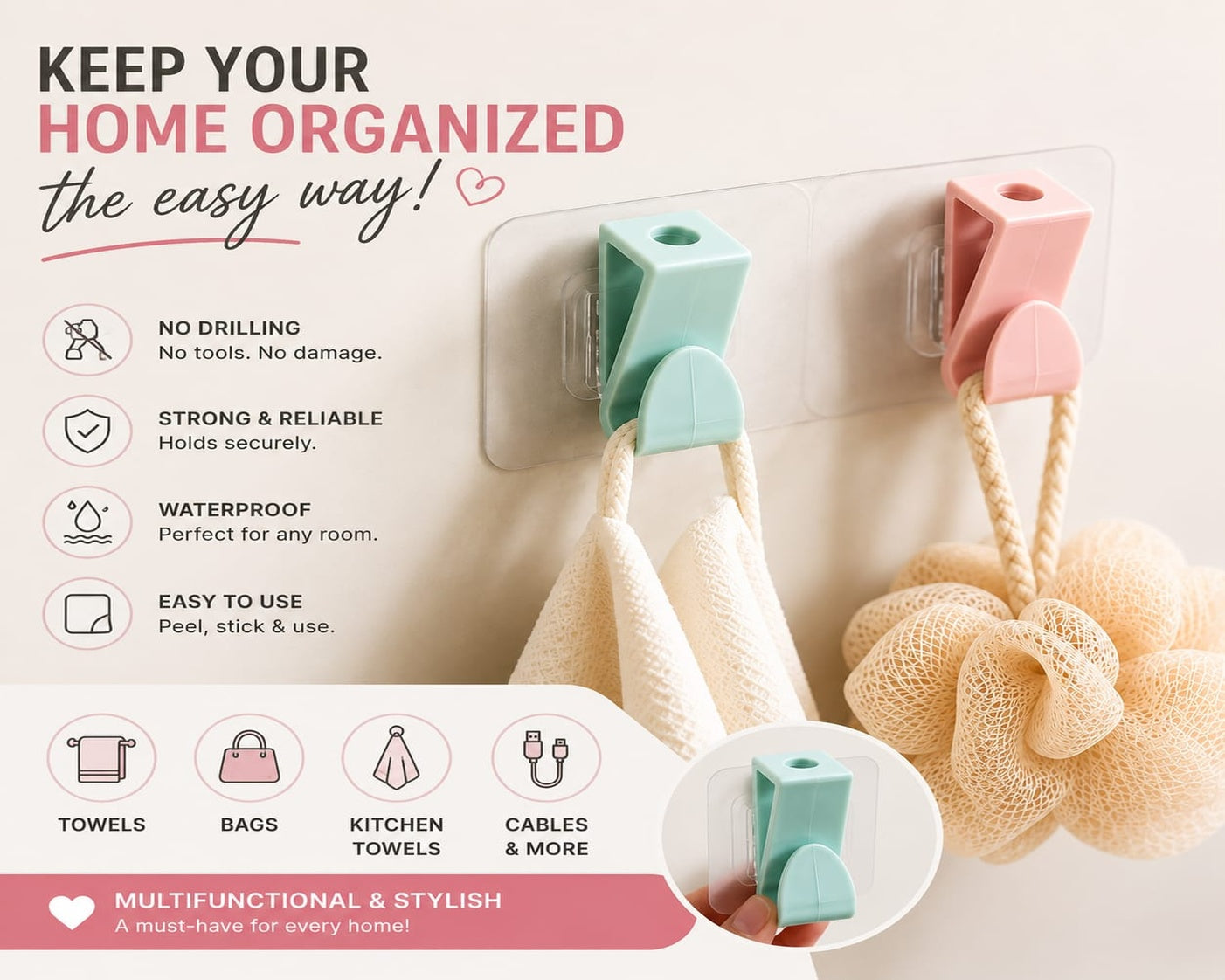 Self-Adhesive Wall Hooks Set of 4 Waterproof