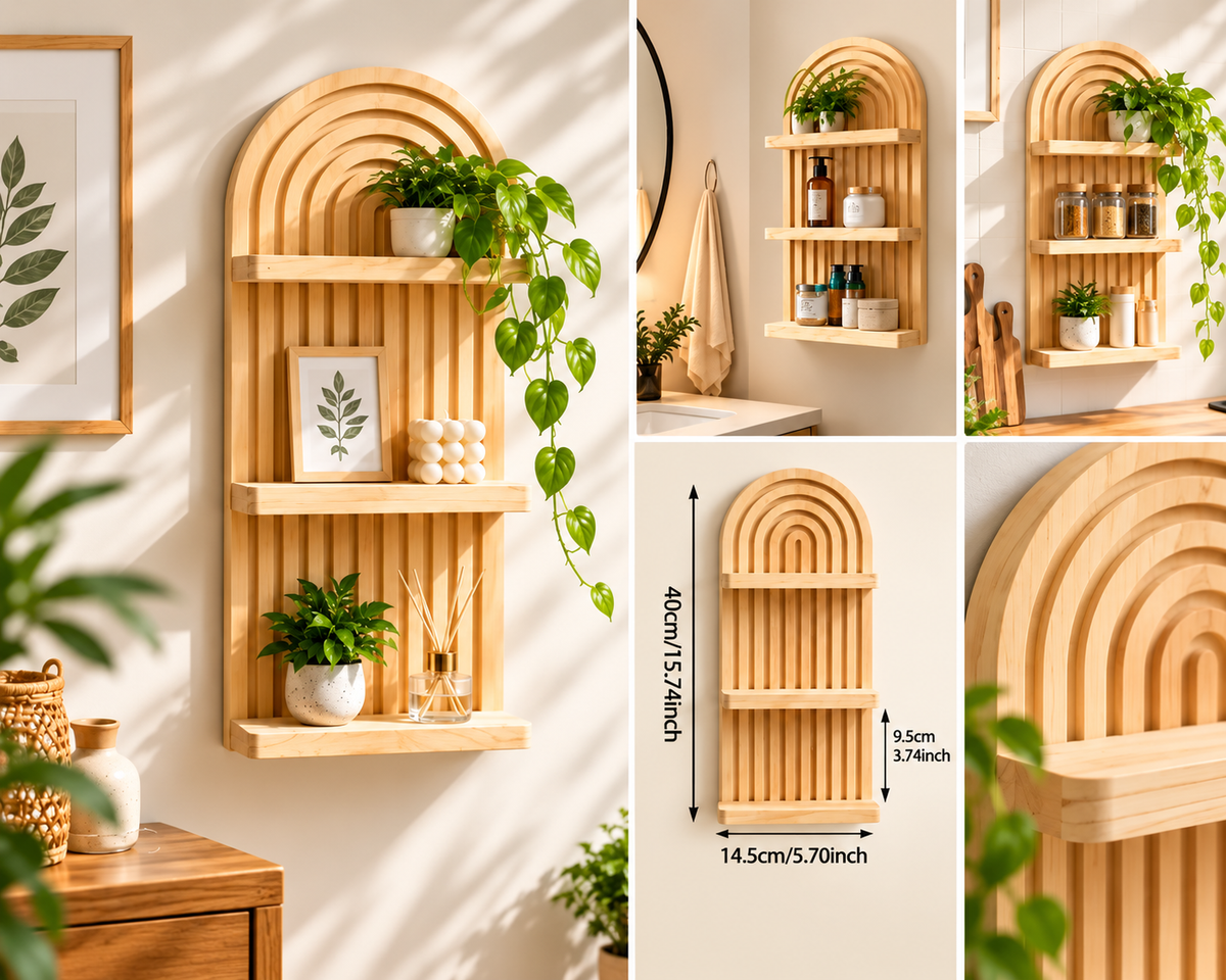 Bamboo Arched Wall Shelf – 3-Tier Storage Shelf 40 × 14.5 cm