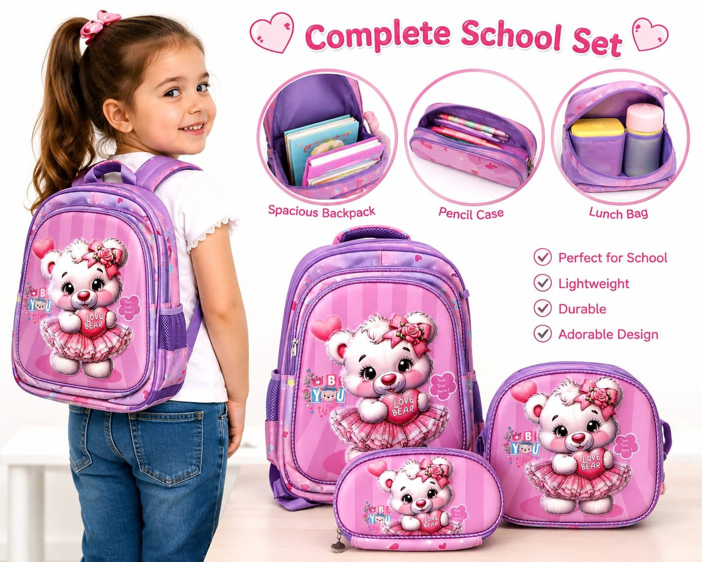 Girls 3-Piece Teddy Bear School Bag Set