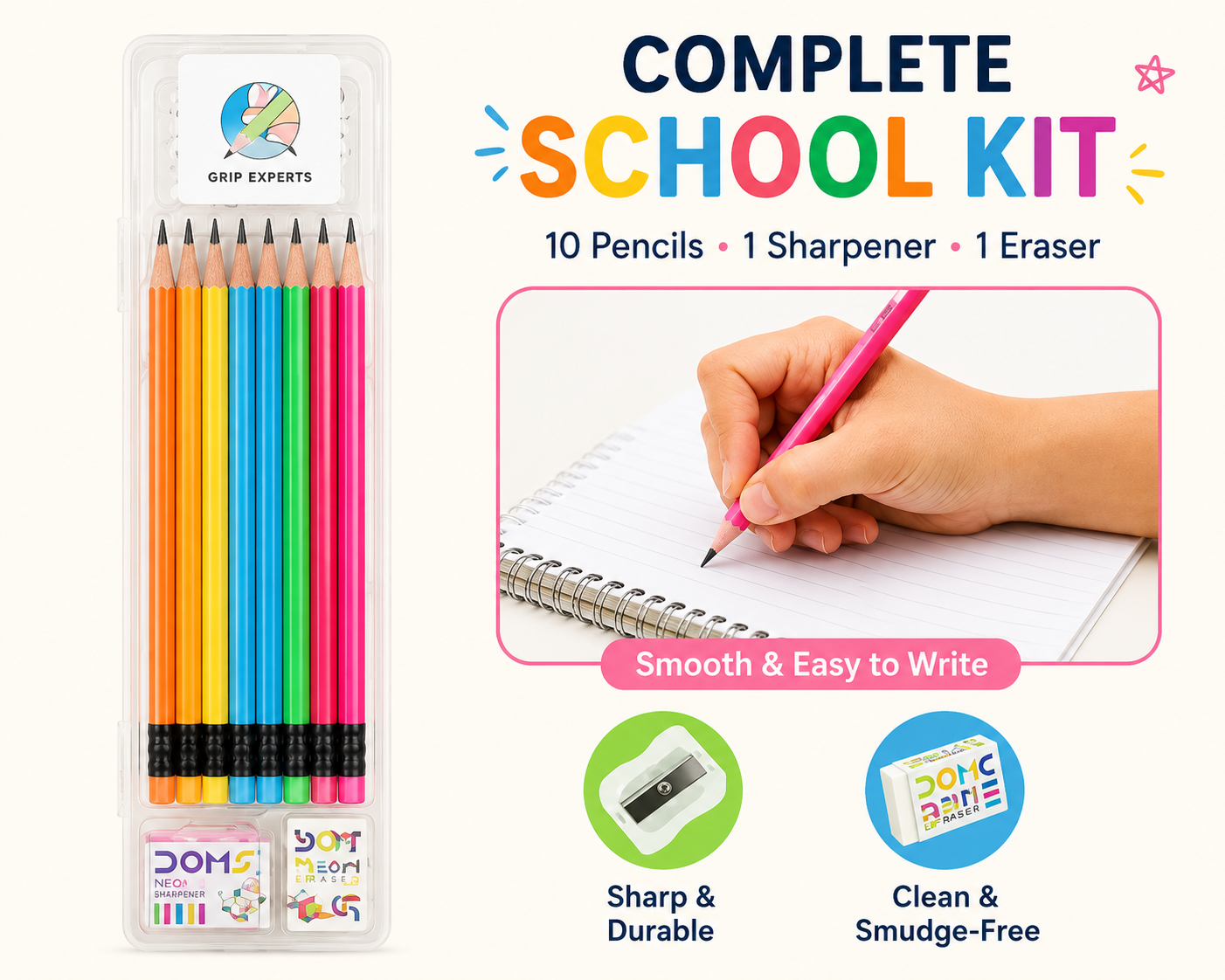 10 Colorful Pencils with Sharpener & Eraser