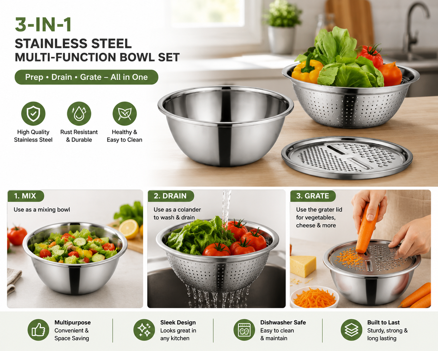 3-in-1 Stainless Steel Mixing Bowl, Colander & Grater Set
