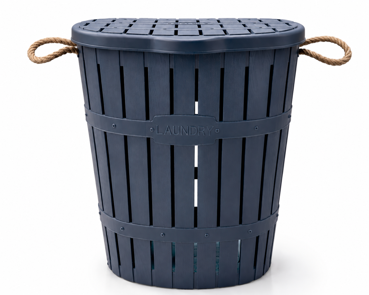 Dark Blue Plastic Laundry Hamper with Rope Handles & Lid