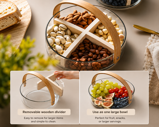 Glass Serving Bowl with Removable Wooden Divider