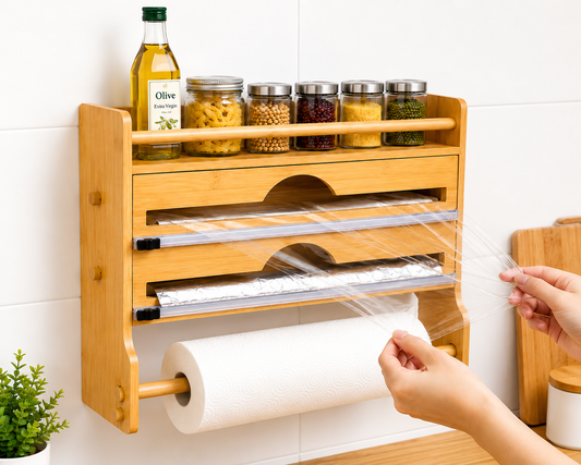 Bamboo Kitchen Organizer with Plastic Wrap, Foil & Paper Towel Holder