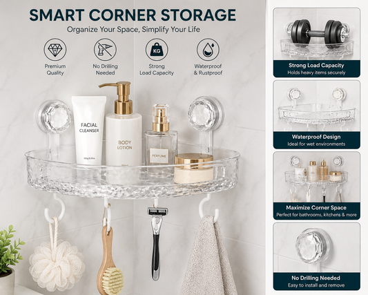 Transparent Corner Shower Shelf with Hooks – No-Drill