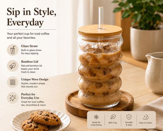 Glass Iced Coffee Cup with Bamboo Lid & Straw