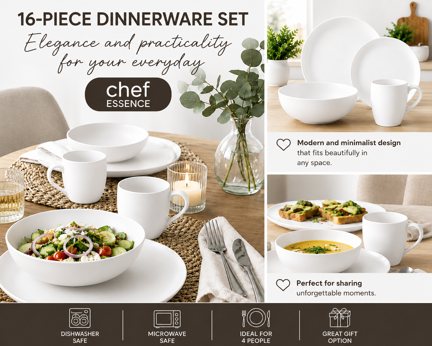 16-Piece Stoneware Dinnerware Set (White)