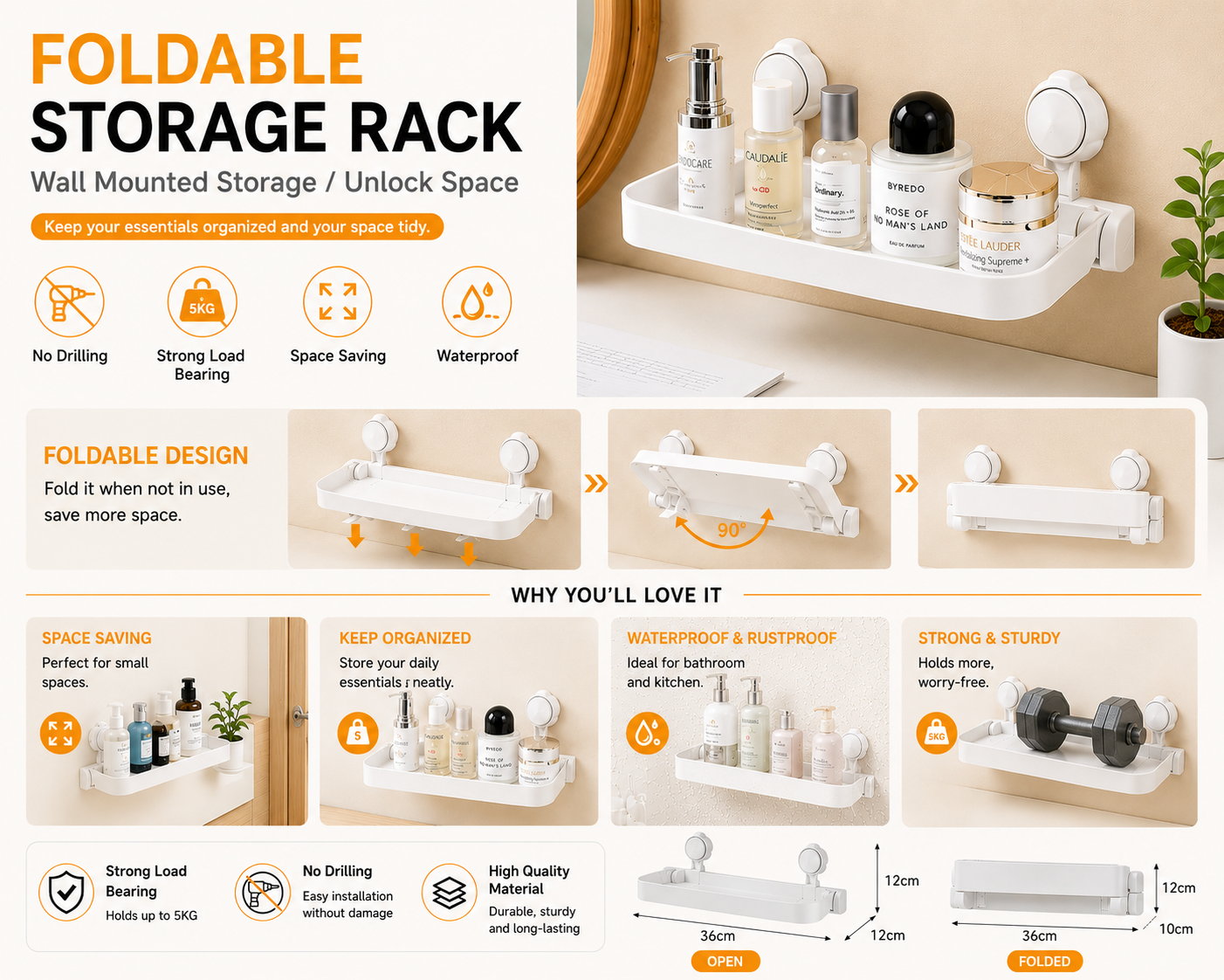 Foldable Wall Mounted Storage Rack – No Drill