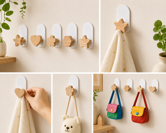 Cute Self-Adhesive Wooden Wall Hooks – No-Drill