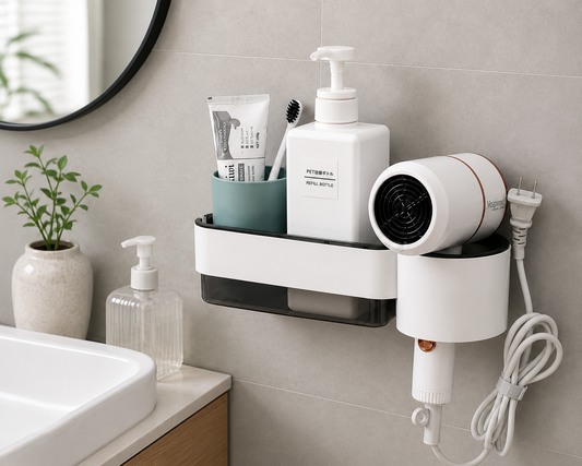 Wall-Mounted Bathroom Organizer Shelf with Hair Dryer Holder