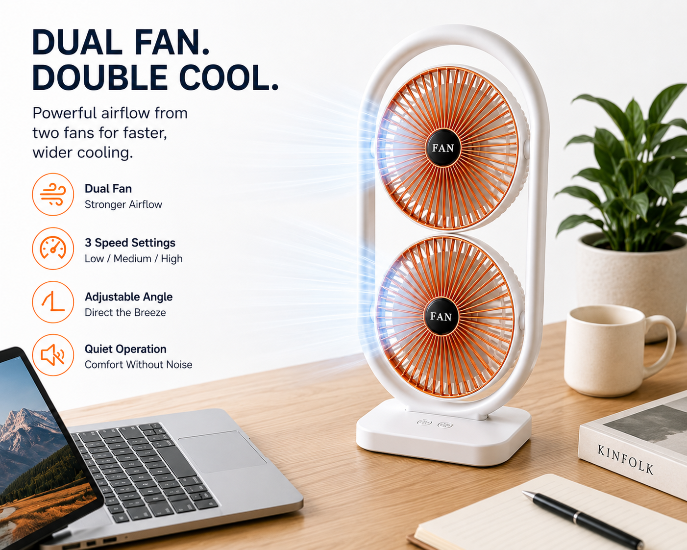 Portable Dual-Head USB Desk Fan - 3 Speed