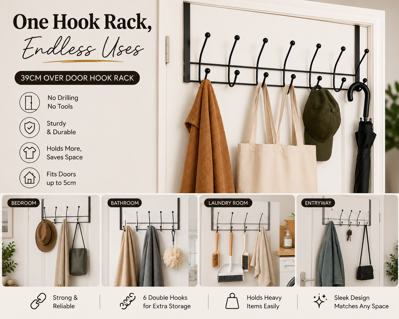 Over Door Hook Rack Black