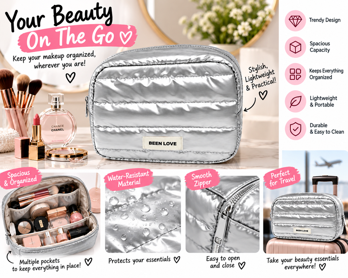 Silver Makeup Bag for Women with Multiple Compartments