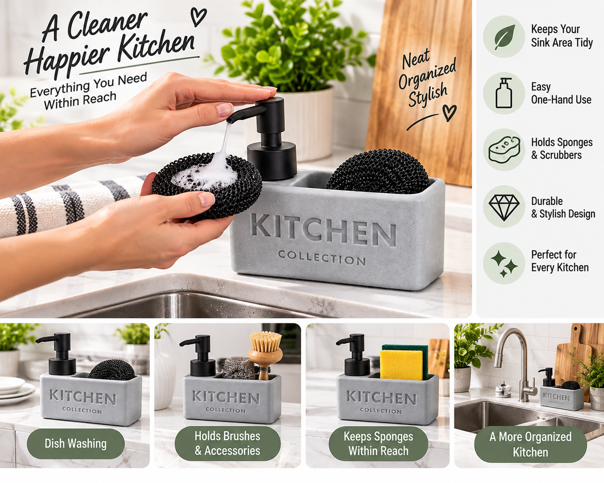 Kitchen Soap Dispenser & Sponge Holder (Ceramic)